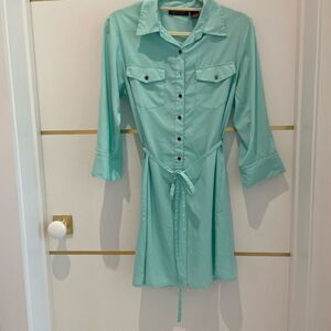 SPEED Control Aqua Turquoise Lightweight Long Sleeve Shirt Dress Button Belted